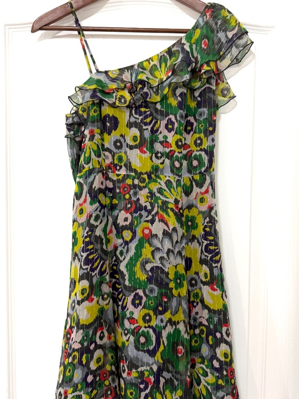 A|X Armani Exchange Silk Metallic One-Shoulder Ruffle Mini Dress Sz 0